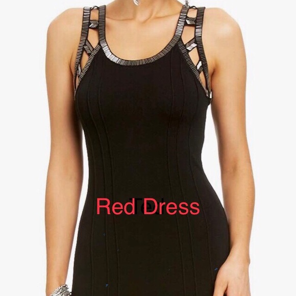 2 Bebe New Gorgeous Red Knit Dress with Cut-Out around Neckline w/ Jet Beading - Picture 2 of 9